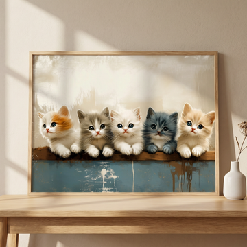 Charming Five Kittens on Wooden Bar Wall Art Print. High Resolution Digital Download 300 DPI.
