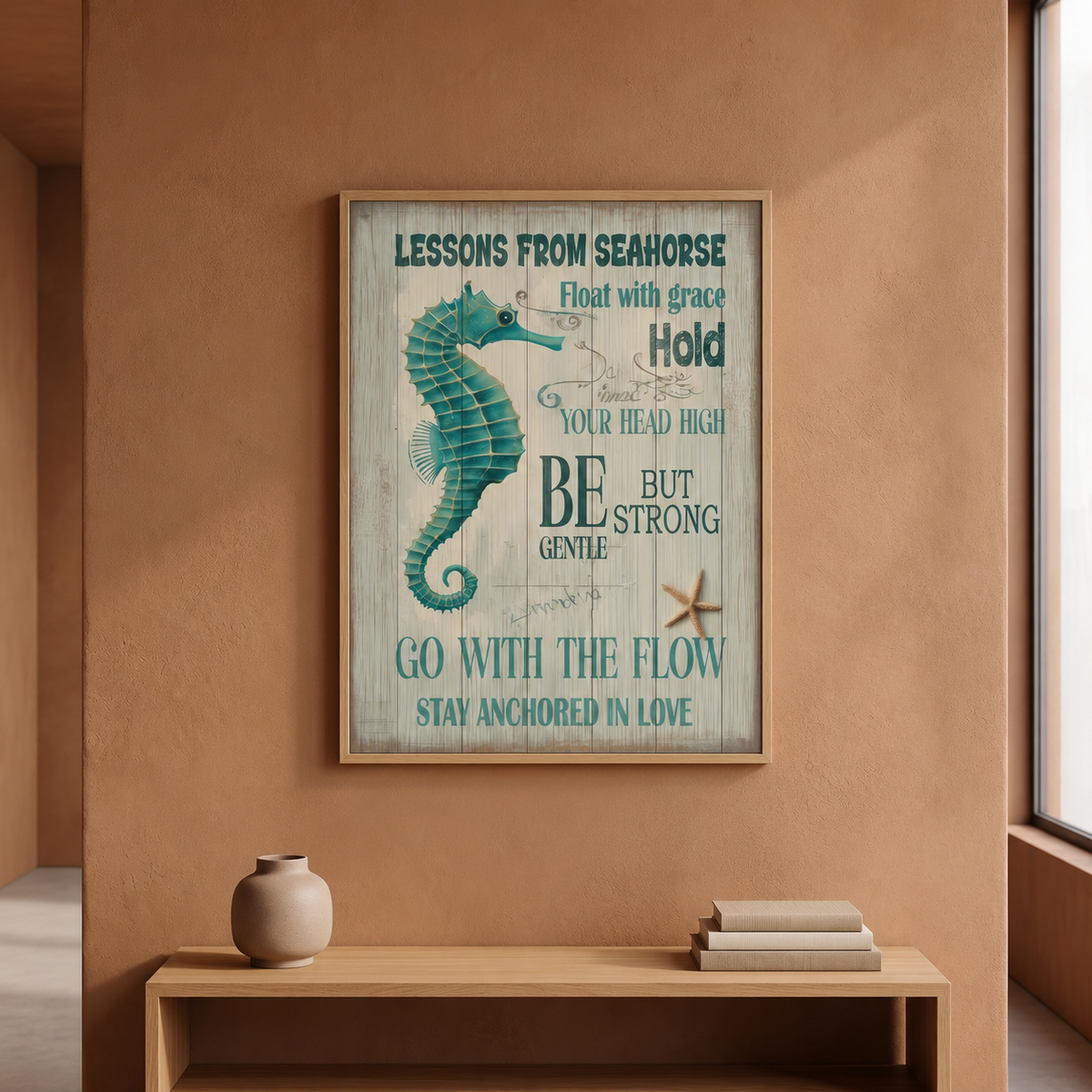 Seahorse typography art on a terracotta wall above a desk