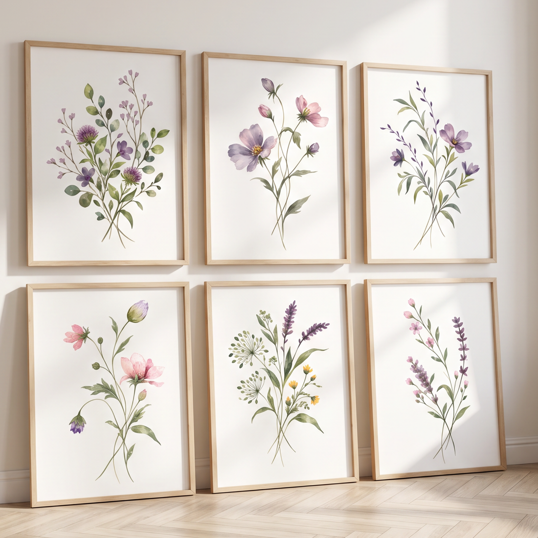 Set of six watercolor botanical prints of lavender, purple and pink wildflowers leaning against a wall