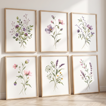 Botanical Watercolor Wildflower Set, Lavender Floral Prints, Minimalist Nature Wall Art. High Resolution Digital Download 300 DPI.