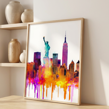 Vibrant NYC Watercolor, Abstract Skyline Art Print for Urban Enthusiasts. High Resolution Digital Download 300 DPI.