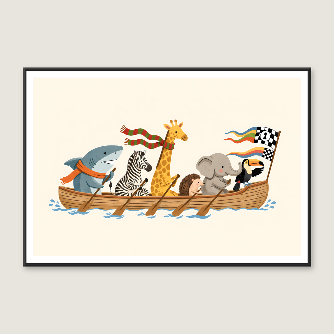 Nursery art of a giraffe, zebra, raccoon and other animals sailing together in a wooden rowboat with a flag