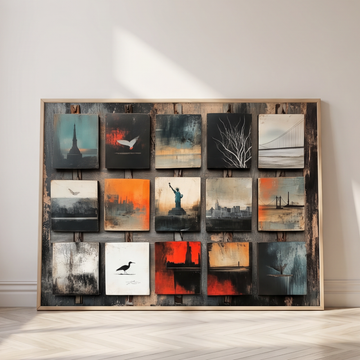 Collage of vintage style Americana polaroid photos of landmarks arranged in a grid with orange and black tones