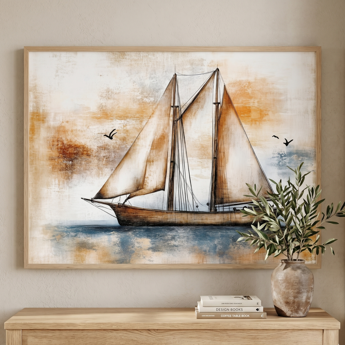 Watercolor of a wooden sailing ship with billowing sails in warm beige, orange and soft blue tones
