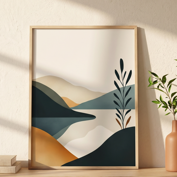 Serene Minimalist Landscape Wall Art, Pastel Hills and Calm Lake. High Resolution Digital Download 300 DPI.