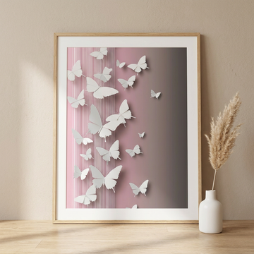 Ethereal Butterfly Symphony, Delicate White Paper Wings on Soft Pink Background. High Resolution Digital Download 300 DPI