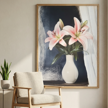 Ethereal Lilies: Sunlit Vase on Wooden Shelf in Misty Amber and Indigo. High Resolution Digital Download 300 DPI