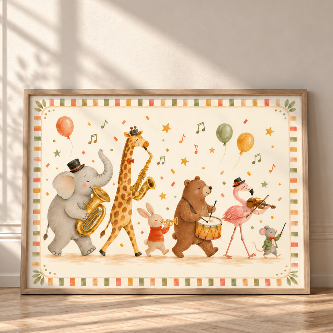 Kids wall art of an animal marching band with a giraffe on saxophone, an elephant, a bear and a flamingo with balloons