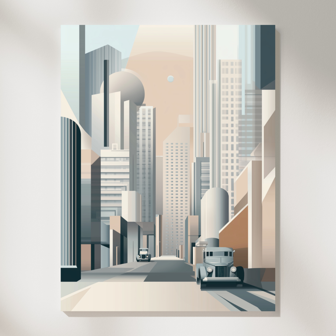 Art Deco Cityscape Wall Art, Geometric Buildings & Vintage Cars Print. High Resolution Digital Download 300 DPI.