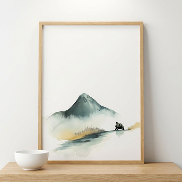 Serene Minimalist Ink Painting, Gentle Mountain Peak and Turtle in Autumn Hues. High Resolution Digital Download 300 DPI