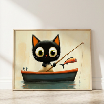 Whimsical Fishing Kitten, Big Eyed Cartoon Watercolor Art Print. High Resolution Digital Download 300 DPI.