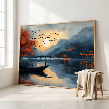 Serene Lakeside Sunset, Man in Boat with Bridge and Birds. High Resolution Digital Download 300 DPI.