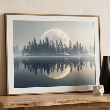 Moonlit Lake Wall Art Pine Trees Mist Reflection Night Tranquil Scene. High Resolution Digital Download 300 DPI.