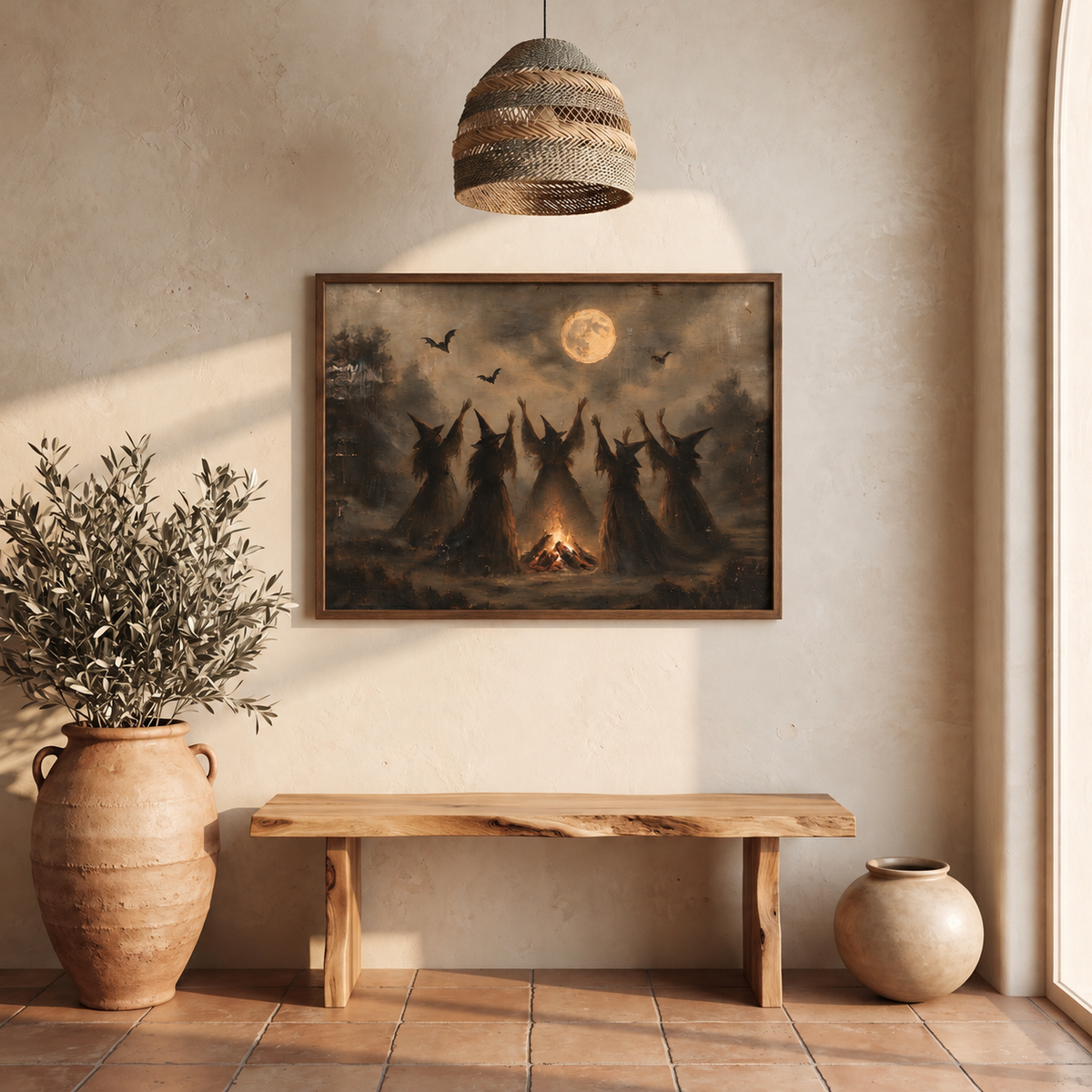 Witches painting above a wooden bench with vases