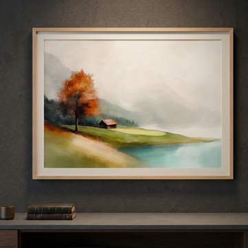 Serene Golf Course Landscape Wall Art with Lake and Autumn Tree. High Resolution Digital Download 300 DPI.