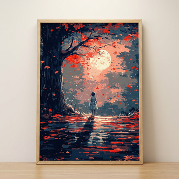 Moonlit Autumn Reflection, Girl in Pond Amidst Falling Crimson Leaves. High Resolution Digital Download 300 DPI