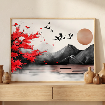 Striking Sunrise, Red Cherry Blossom and Black Birds Mountain Art. High Resolution Digital Download 300 DPI.