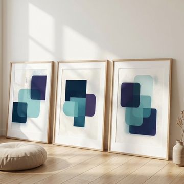 Minimalist Geometry, Abstract Blue and Green Shapes with Scattered Dots. High Resolution Digital Download 300 DPI