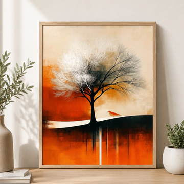 White Tree Yellow Bird Oil Painting Wall Art Exquisite Details. High Resolution Digital Download 300 DPI.