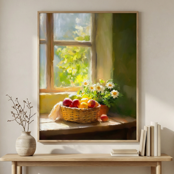Rustic Kitchen Charm, Vibrant Fruit Basket Against Serene Green Wall. High Resolution Digital Download 300 DPI
