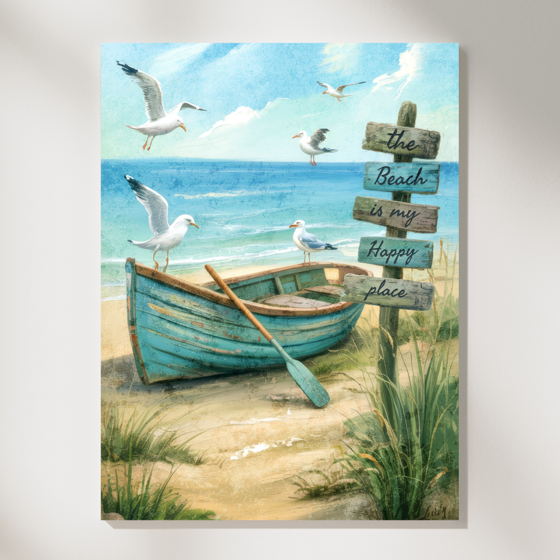 Coastal Nautical Boat Wall Art Seascape with Seagull. High Resolution Digital Download 300 DPI.