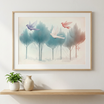 Ethereal Forest Flight, Misty Landscape Alive with Colorful Avian Wonders. High Resolution Digital Download 300 DPI