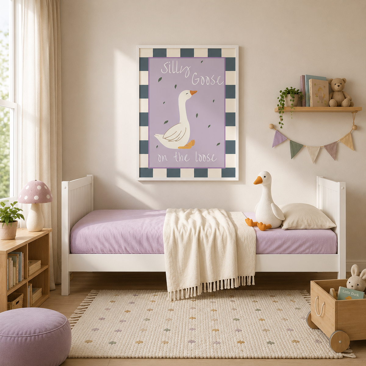 Gingham goose print above a lavender bench