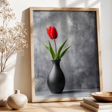 Red Tulip Black Vase Wall Art Dark Gray Concrete Background. High Resolution Digital Download 300 DPI.