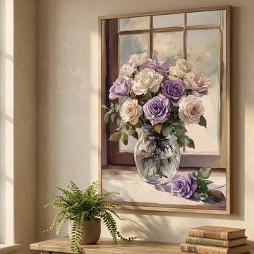 Romantic Floral Elegance: Purple and White Roses Illuminated by Soft Window Light. High Resolution Digital Download 300 DPI