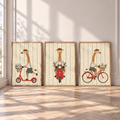 Set of three vintage nursery prints of a giraffe riding a scooter, a bicycle and holding a flower on striped cream paper