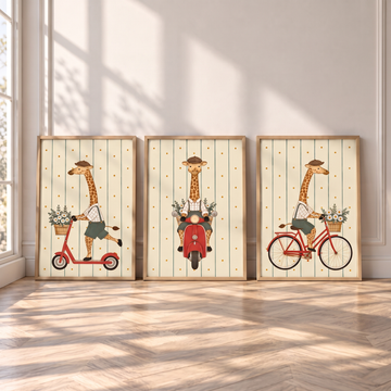 Set of three vintage nursery prints of a giraffe riding a scooter, a bicycle and holding a flower on striped cream paper