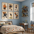 Sports animal print set on a blue wall above a bed