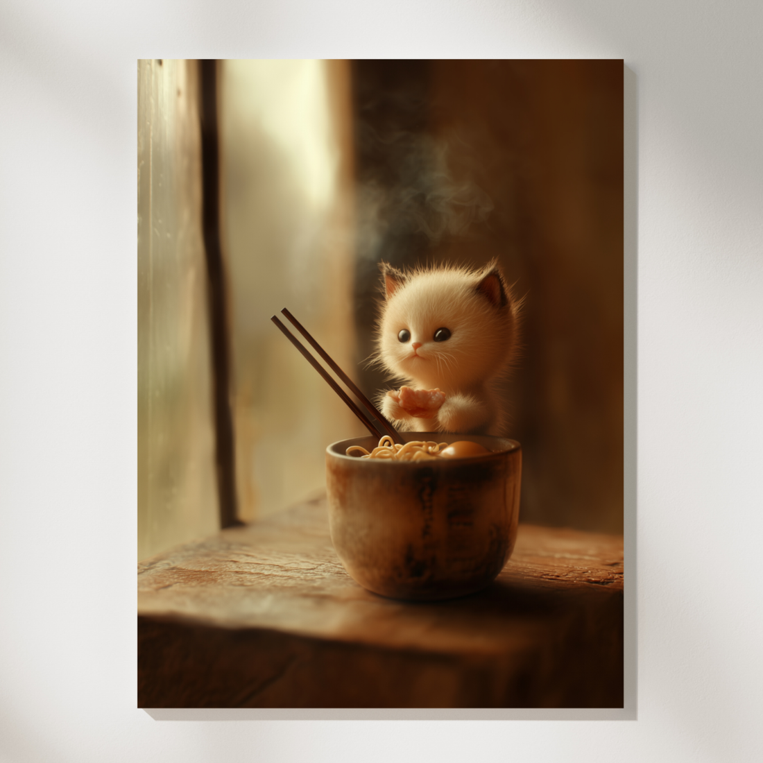 Tiny Kitten Ramen Wall Art Cute Realistic Pastel Studio Painting. High Resolution Digital Download 300 DPI.