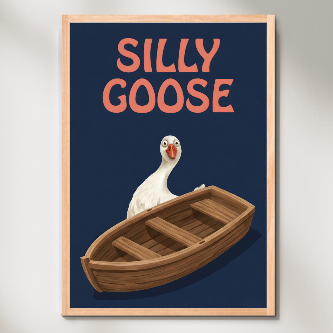 Vintage nursery art of a white goose sitting in a wooden rowboat on navy with the words Silly Goose in pink