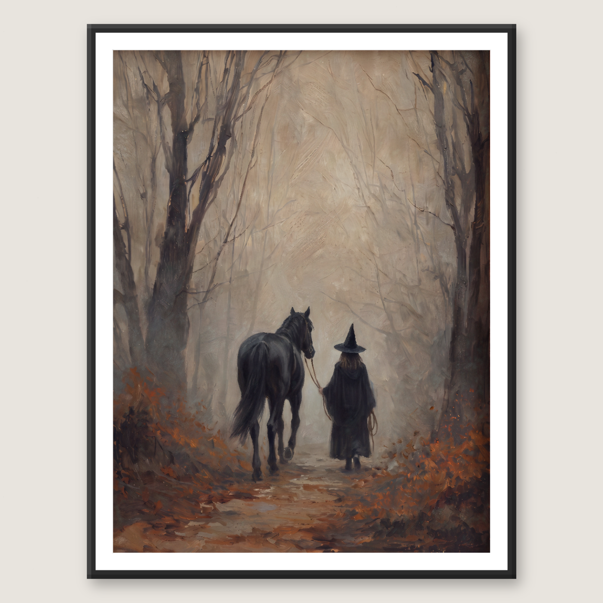 Close-up of the witch and black horse painting