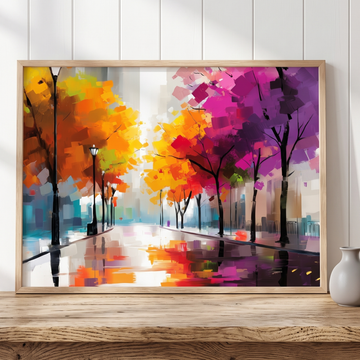 Modern City Street Wall Art Colorful Trees Uplifting Impressionistic Illustration. High Resolution Digital Download 300 DPI.