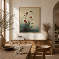 Dragonfly wildflower print above a wooden dining table