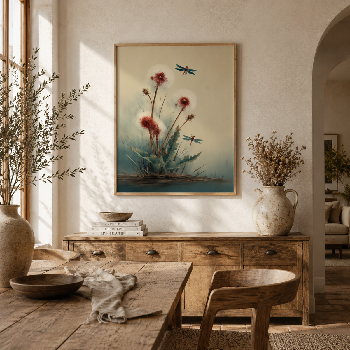 Dragonfly wildflower print above a wooden dining table