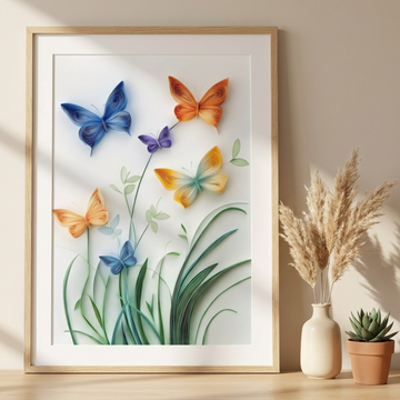 Delicate Paper Quilling, Vibrant Butterfly Dance on Pristine White Background. High Resolution Digital Download 300 DPI
