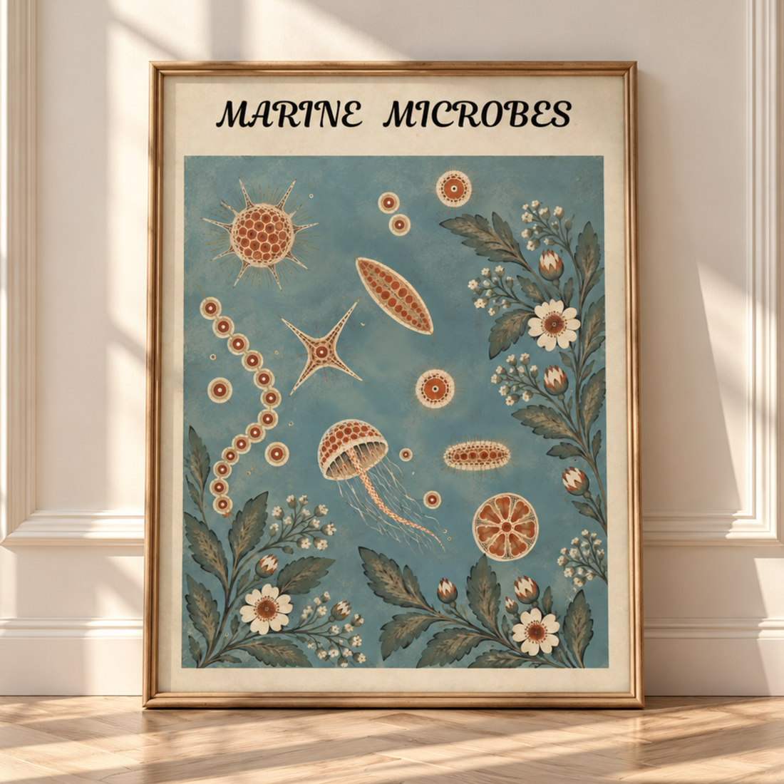 Vintage coastal natural history print of sea life and marine plants in a pattern on a soft blue background with a title
