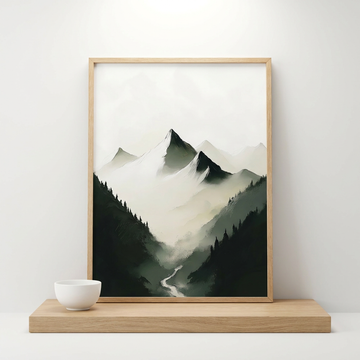 Alpine Mist, Majestic Snowy Peaks Embraced by Pine Forest Wilderness. High Resolution Digital Download 300 DPI