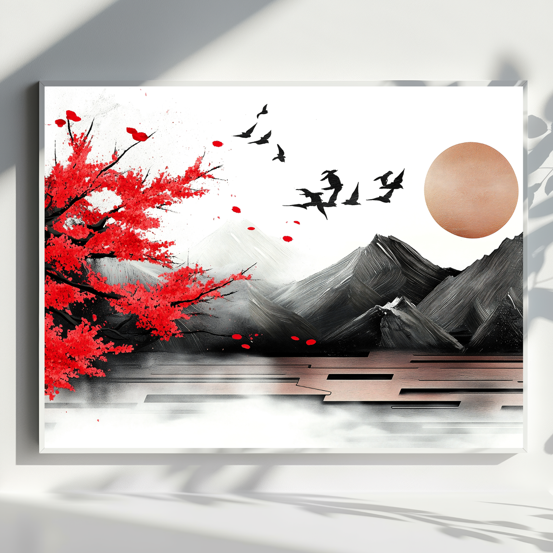 Striking Sunrise, Red Cherry Blossom and Black Birds Mountain Art. High Resolution Digital Download 300 DPI.