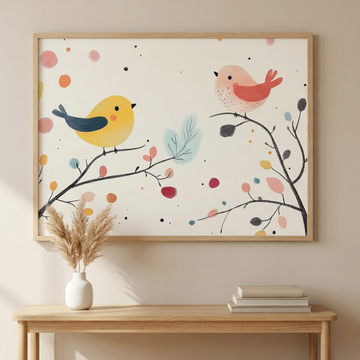 Vibrant Avian Duo: Colorful Birds on Branch with Abstract Leaf Backdrop. High Resolution Digital Download 300 DPI