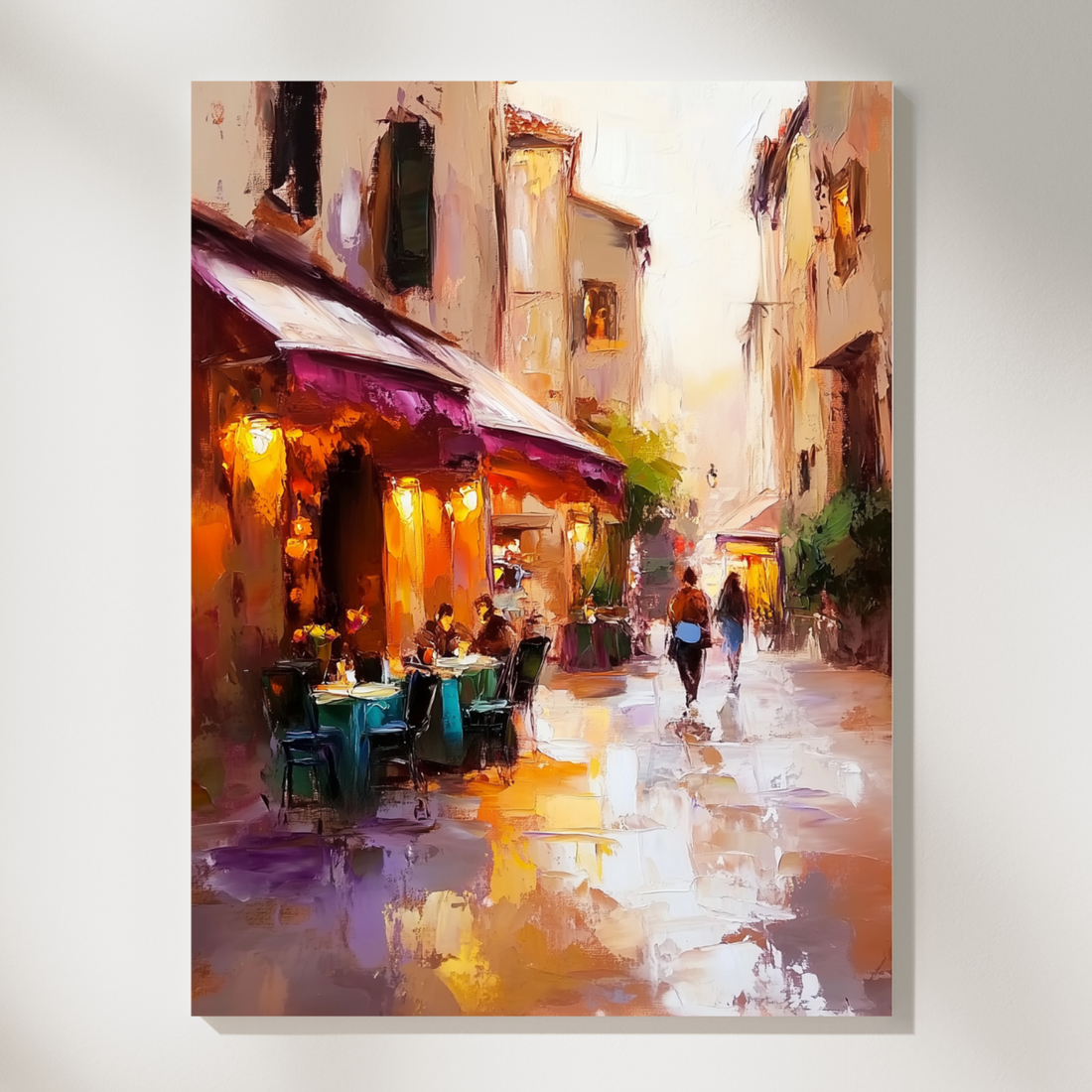 Parisian Cafe Dusk Wall Art Warm Lights Vibrant Cinematic Painting. High Resolution Digital Download 300 DPI.