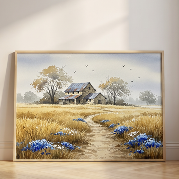 Rustic Watercolor Farmhouse Landscape with Path, Wildflowers, and Autumn Trees. High Resolution Digital Download 300 DPI.