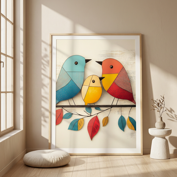 Vintage Charm, 3D Metal Birds on Wire with Colorful Leaves Wall Art. High Resolution Digital Download 300 DPI