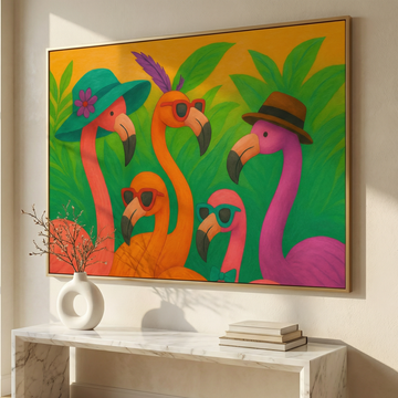 Playful Flamingo Illustration Art With Vibrant Colors and Tropical Character Design. High Resolution Digital Download 300 DPI.