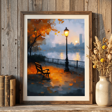 Upper East River Promenade Wall Art Gracie Mansion Autumn Twilight Bench. High Resolution Digital Download 300 DPI.