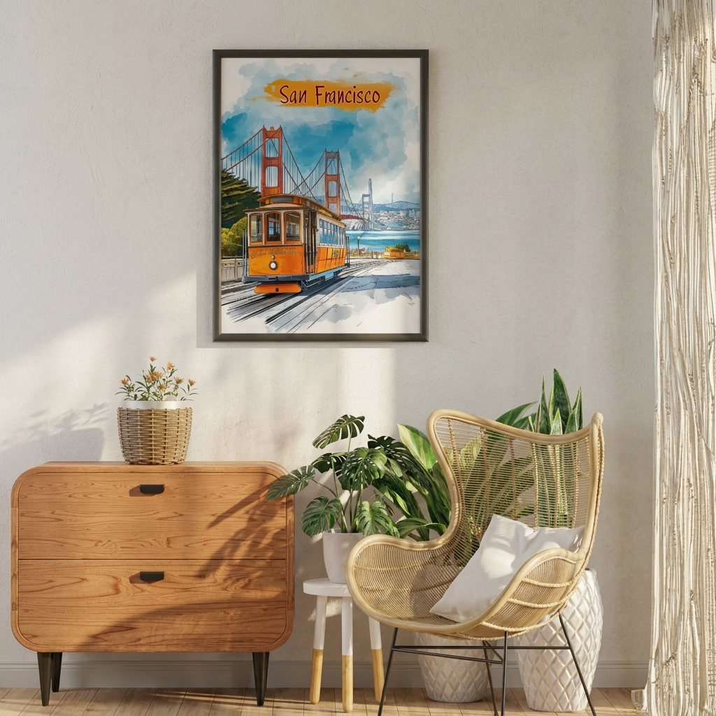 Black framed San Francisco cable car print above a wooden sideboard
