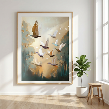 Joyful Flight, Dynamic Painting of a Flock of Ducks in Vibrant Colors. High Resolution Digital Download 300 DPI